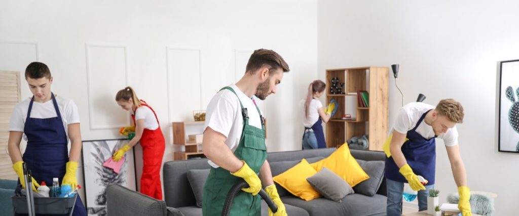 professional team cleaning a room